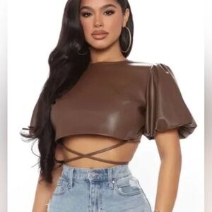 Kirious Brown Faux Leather Backless Puff-Sleeve Crop Top